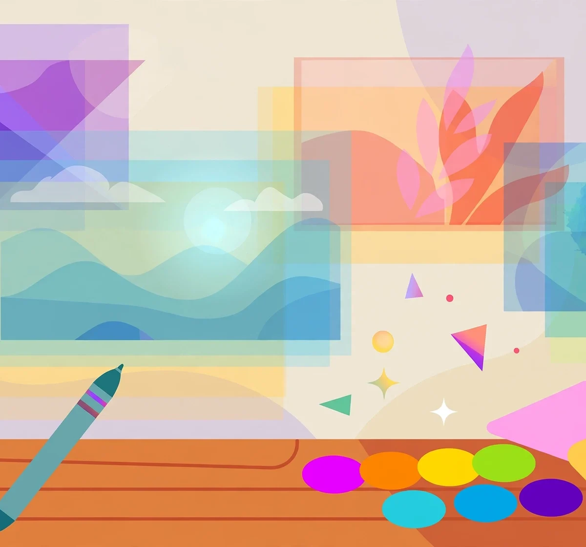 Illustration of online photo editing workspace with layered image panels and creative tools