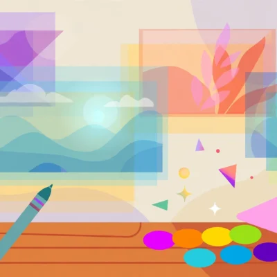 Illustration of online photo editing workspace with layered image panels and creative tools