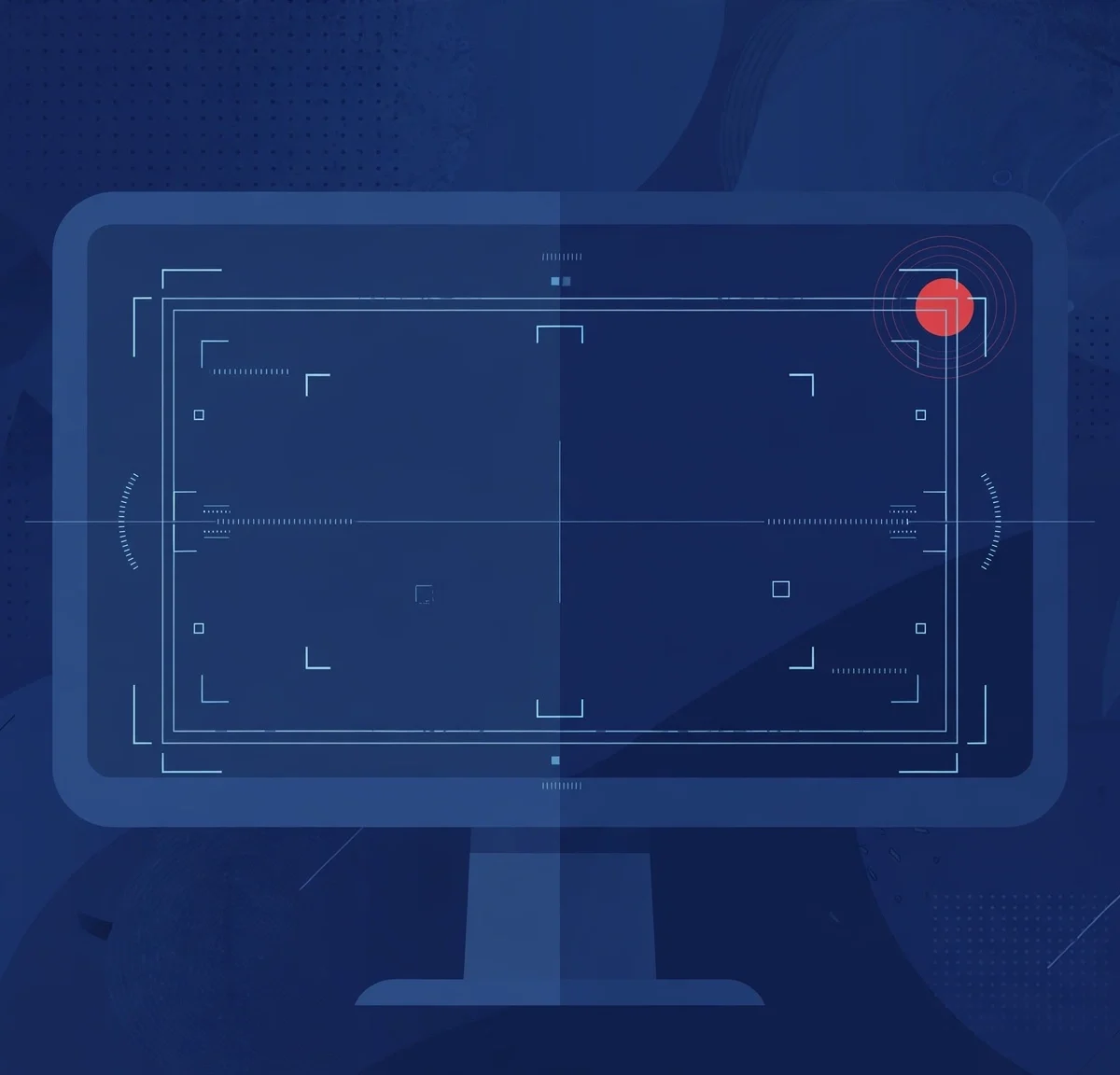 Abstract illustration of a computer monitor with a red recording dot and camera viewfinder overlay, dark blue tones