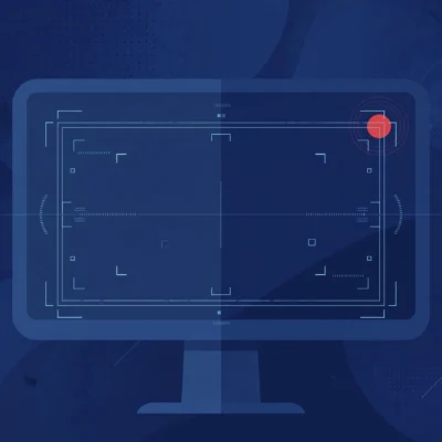 Abstract illustration of a computer monitor with a red recording dot and camera viewfinder overlay, dark blue tones