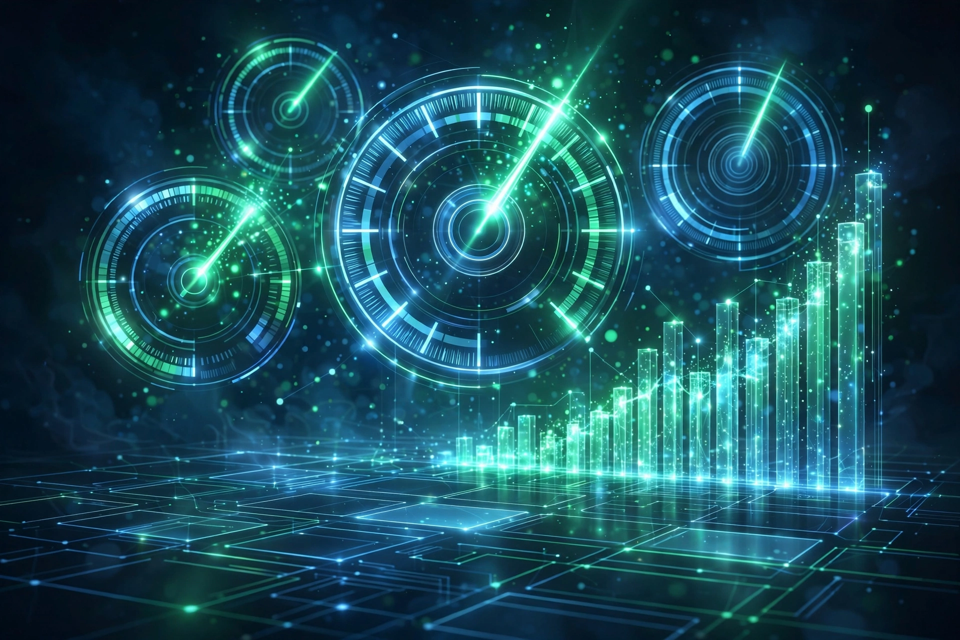 Abstract illustration of website performance gauges and speed metrics for Core Web Vitals auditing