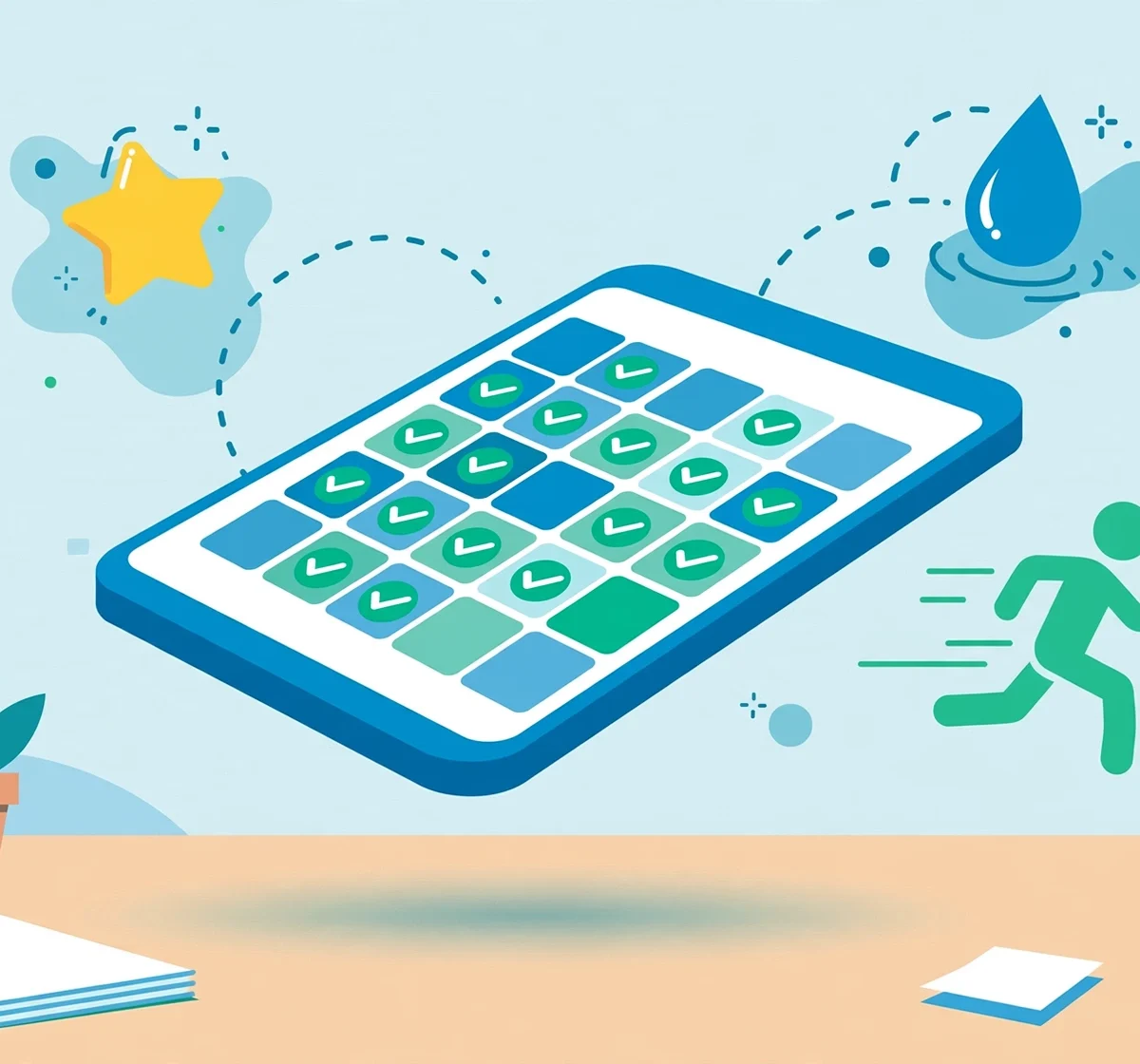 Smartphone showing a habit tracker app calendar grid with checkmarks for daily habits and goals