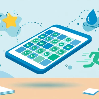Smartphone showing a habit tracker app calendar grid with checkmarks for daily habits and goals