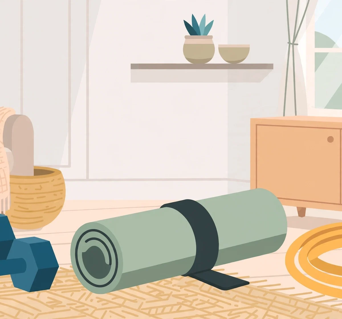 Home workout equipment set with dumbbells, mat, and resistance bands in a living room