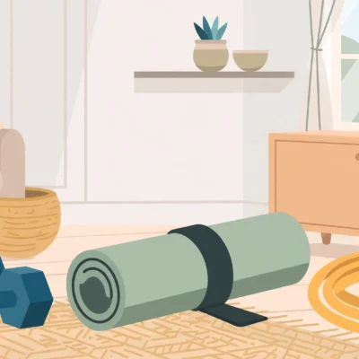 Home workout equipment set with dumbbells, mat, and resistance bands in a living room