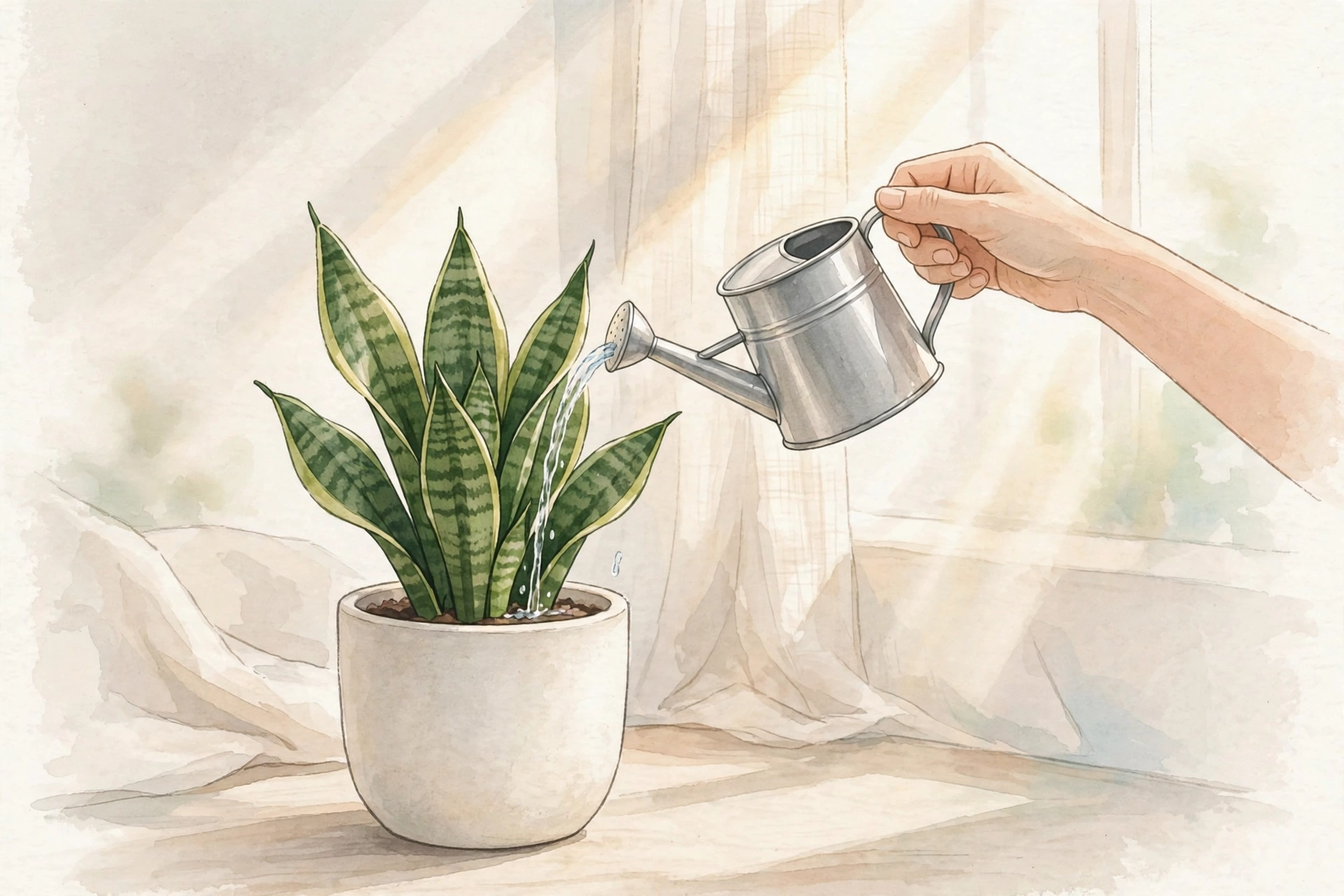 Hand watering a potted snake plant with a small watering can in bright indoor light
