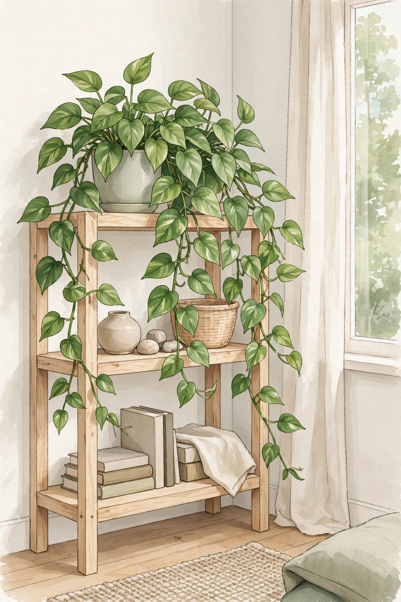 Trailing pothos plant with heart-shaped leaves hanging from a wooden shelf indoors