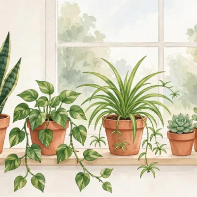 Collection of beginner-friendly potted indoor plants on a bright windowsill