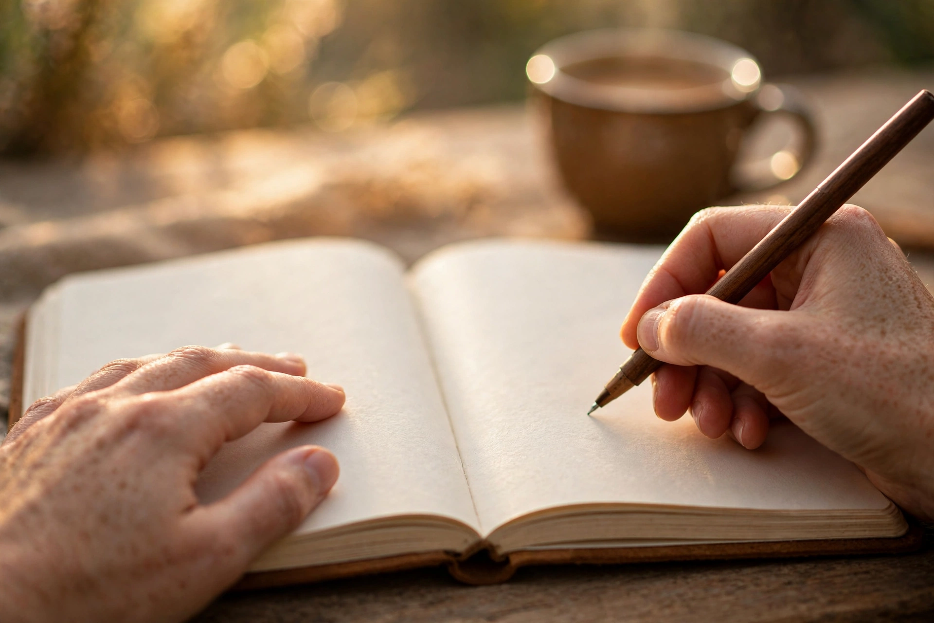 Hands writing in open journal with pen, daily journaling prompts for beginners practice
