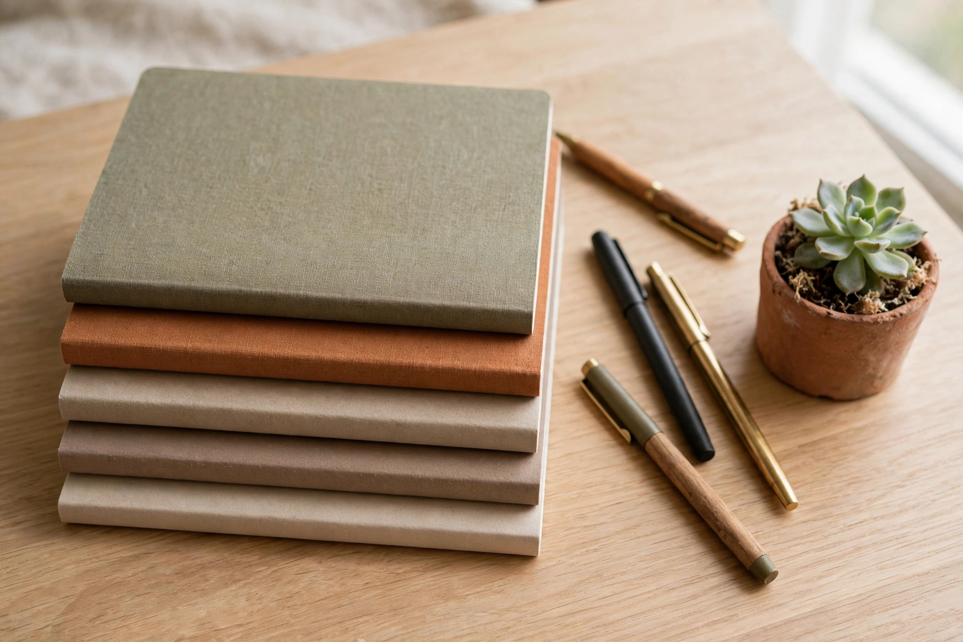 Stack of blank notebooks with pens and succulent, journaling supplies for beginners