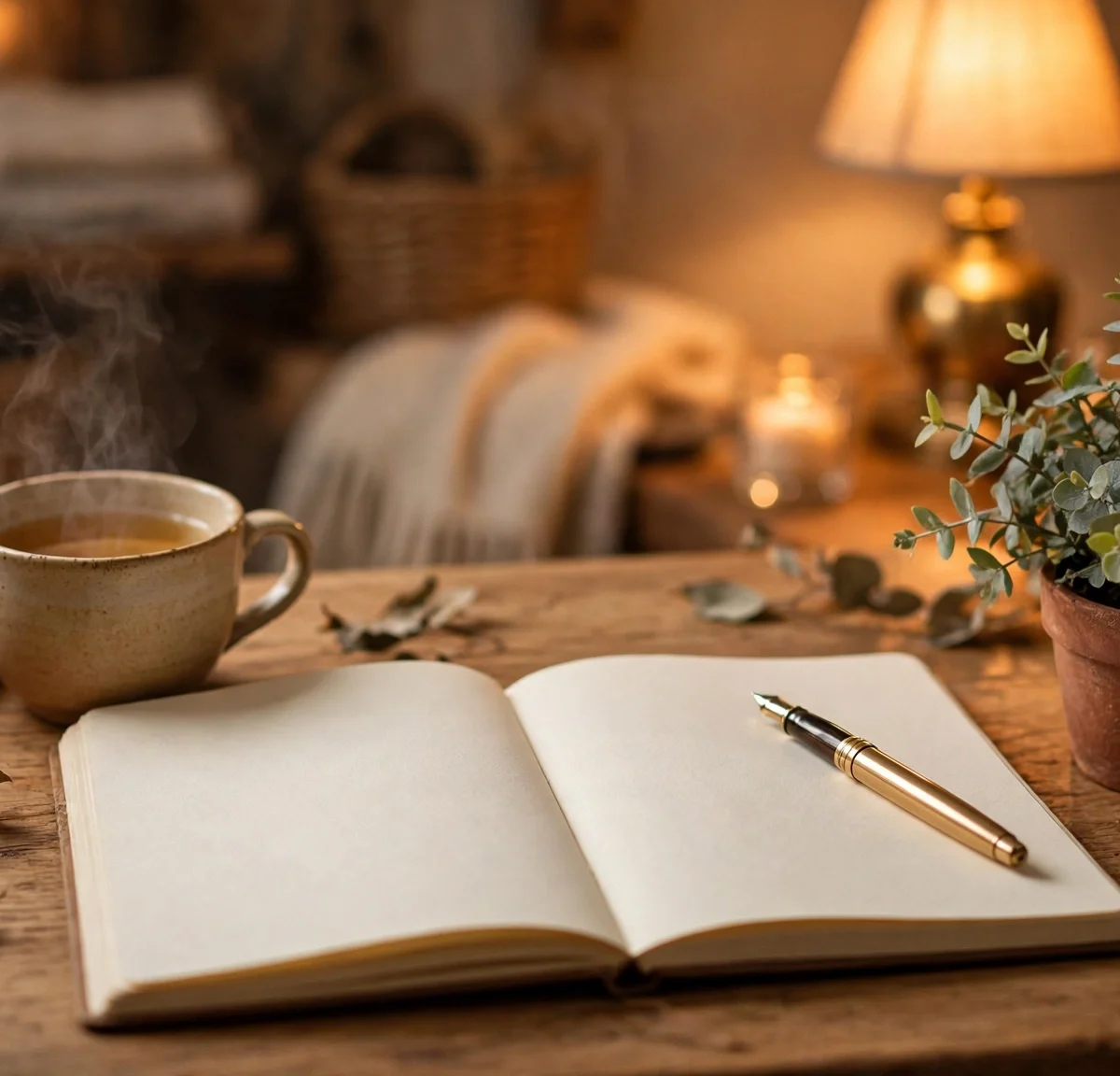 Open blank journal with fountain pen and tea on cozy desk, journaling prompts for beginners