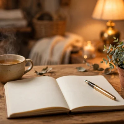 Open blank journal with fountain pen and tea on cozy desk, journaling prompts for beginners