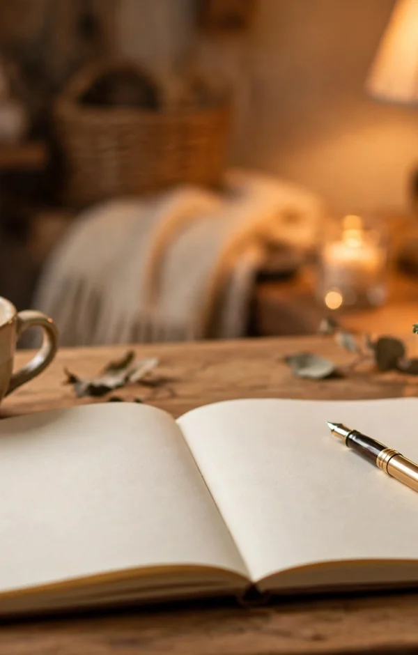 Open blank journal with fountain pen and tea on cozy desk, journaling prompts for beginners