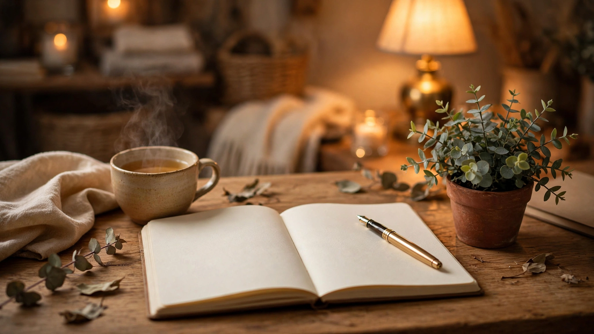 Open blank journal with fountain pen and tea on cozy desk, journaling prompts for beginners