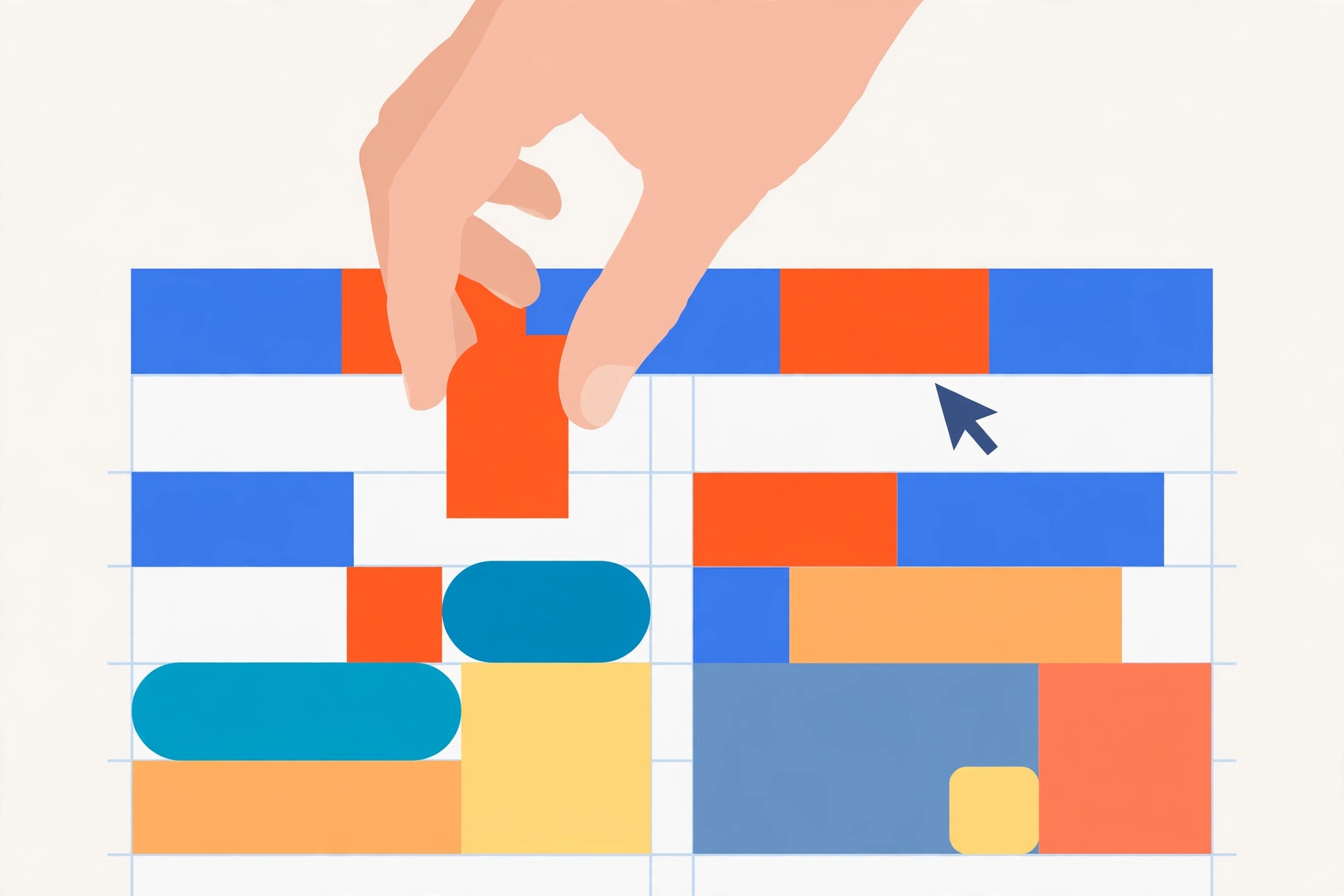 Hand placing drag and drop content blocks into a landing page layout grid