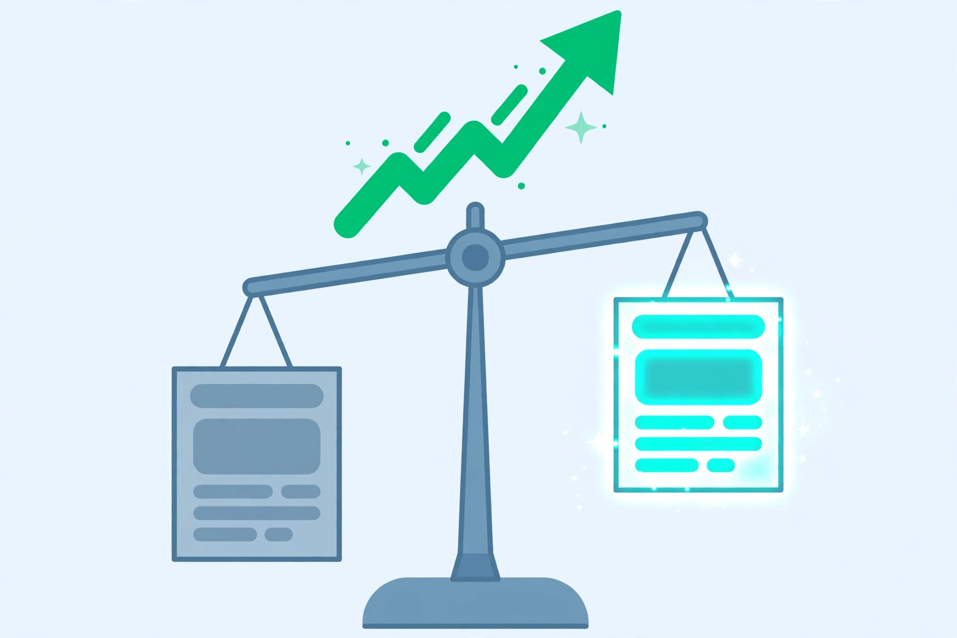 Balance scale A/B testing two landing page versions with an upward trend arrow