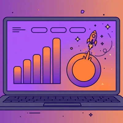 Rocket launching from a landing page mockup, symbolizing high-converting landing page builders