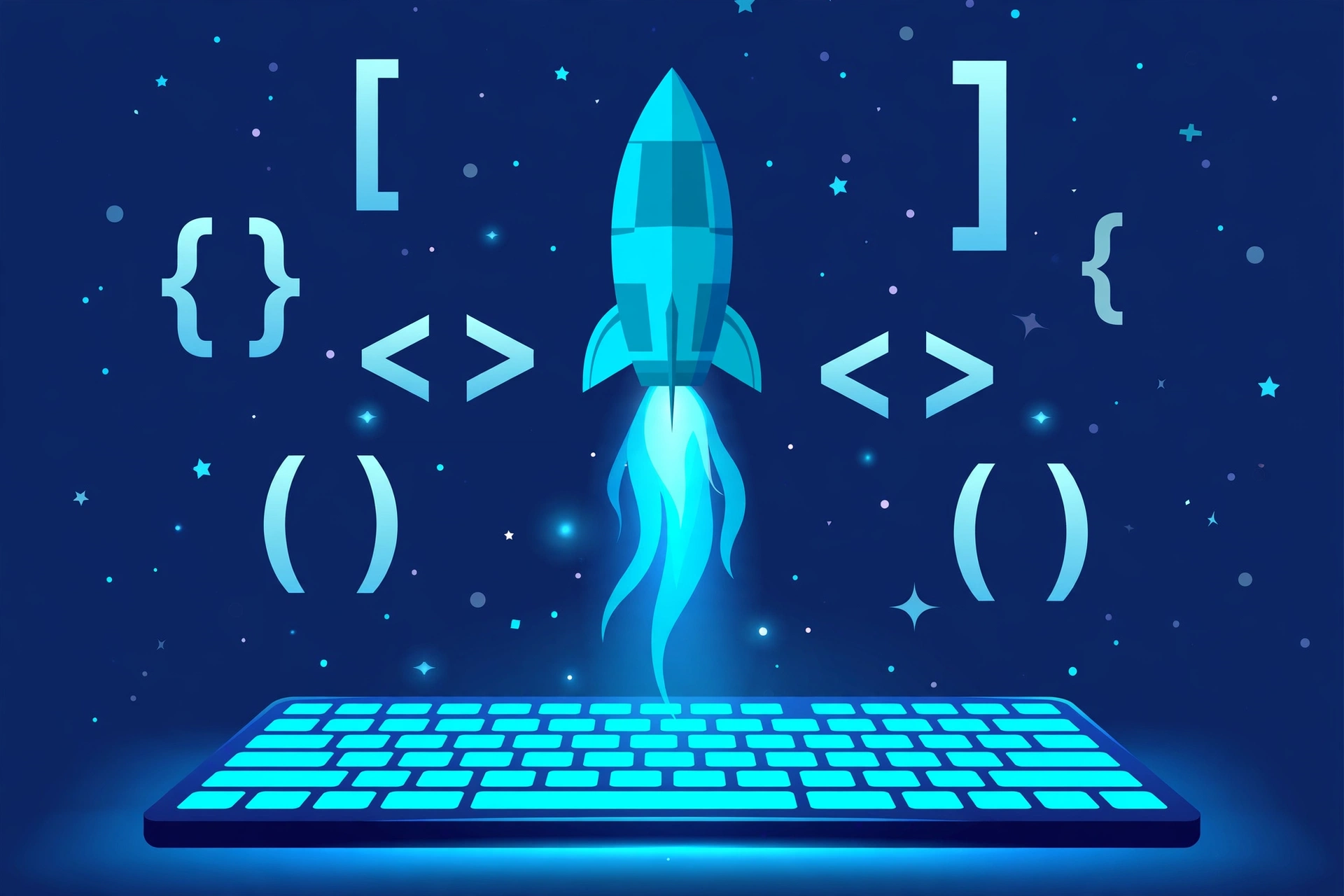 Rocket launching from a keyboard with code brackets symbolizing hands-on Python programming practice