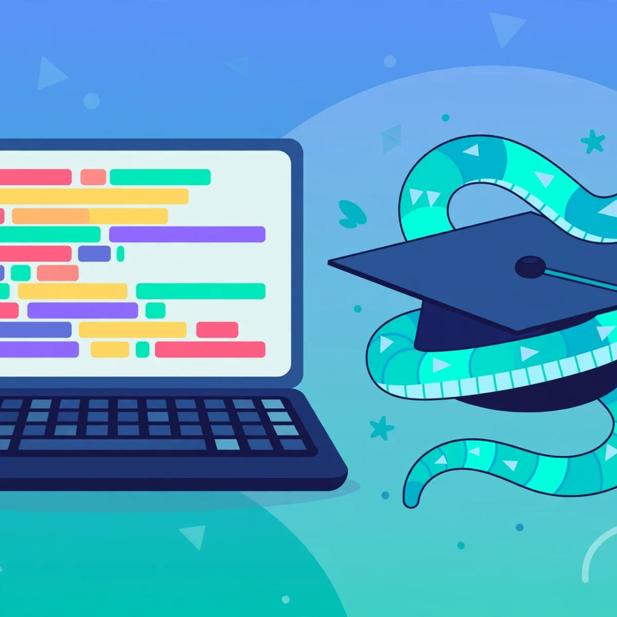 Illustration of a laptop with Python code and graduation cap for the best online courses for learning Python