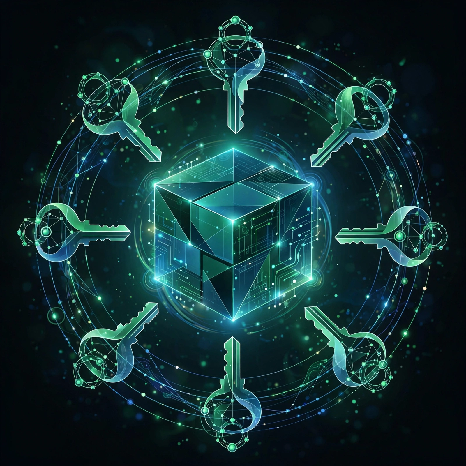 Glowing keys orbiting a lock cube symbolizing secure business credential sharing