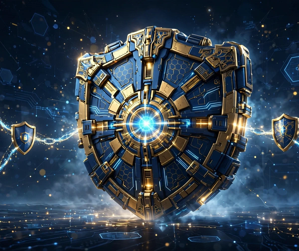 Central shield vault connected to team shields representing business password manager security