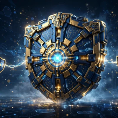 Central shield vault connected to team shields representing business password manager security
