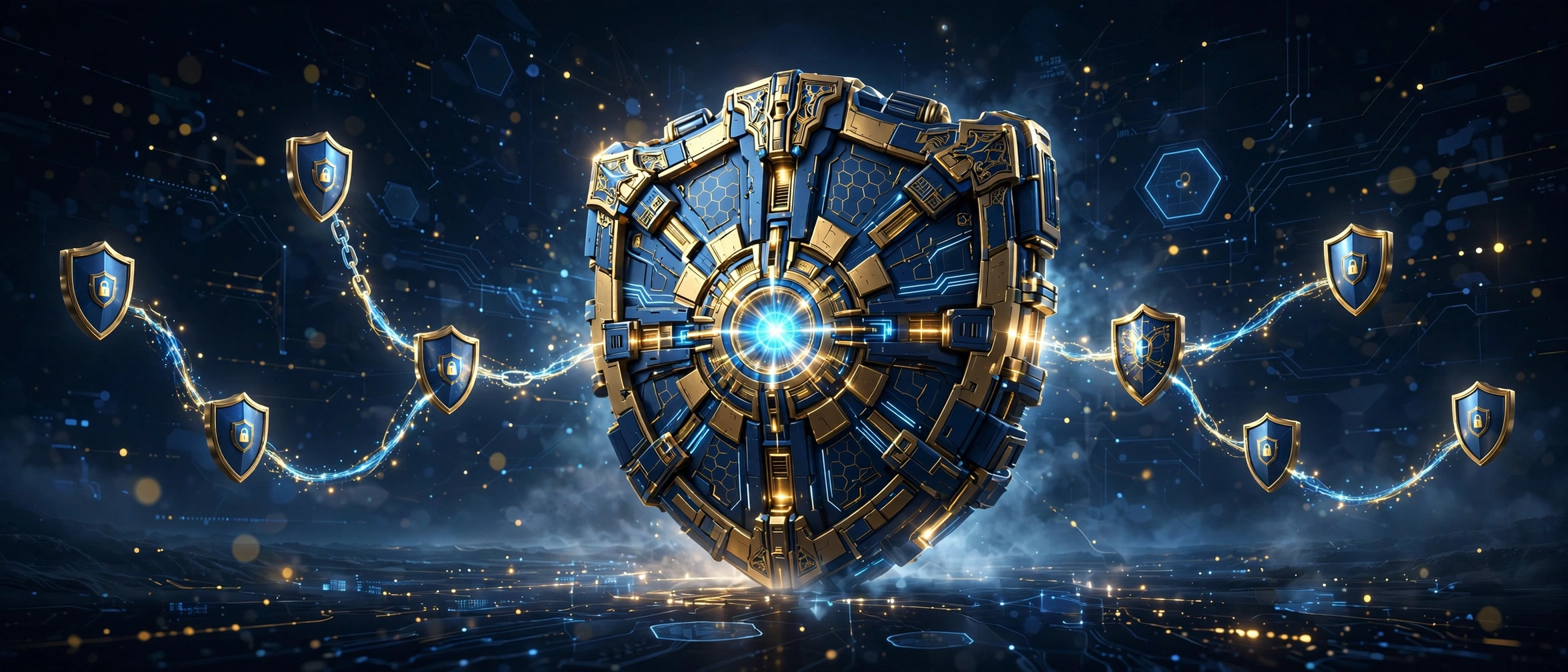 Central shield vault connected to team shields representing business password manager security