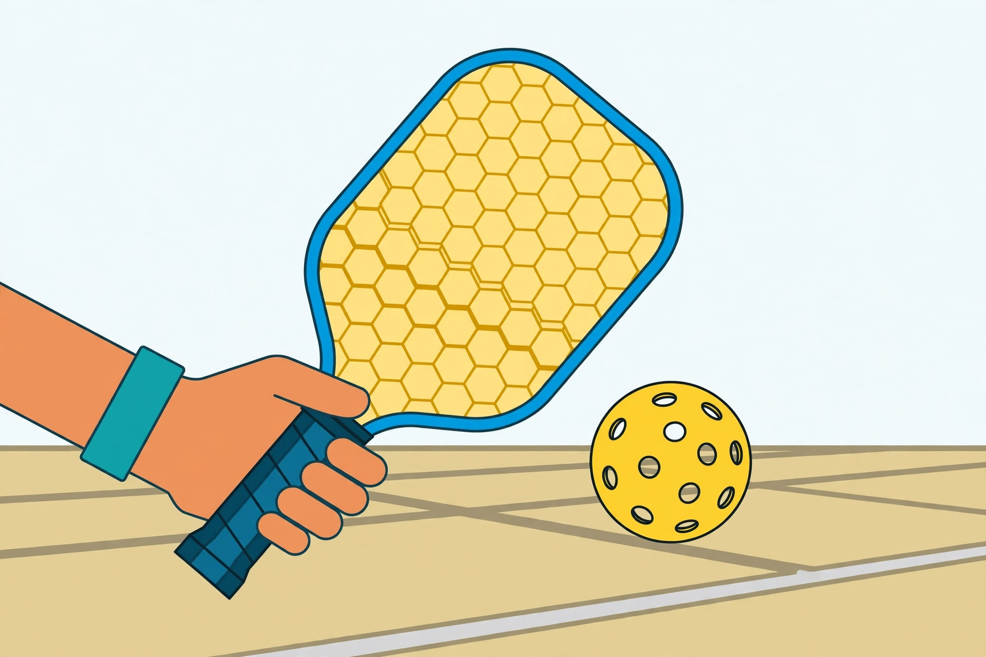 Illustration of a pickleball paddle grip and textured face helping beginners learn spin control