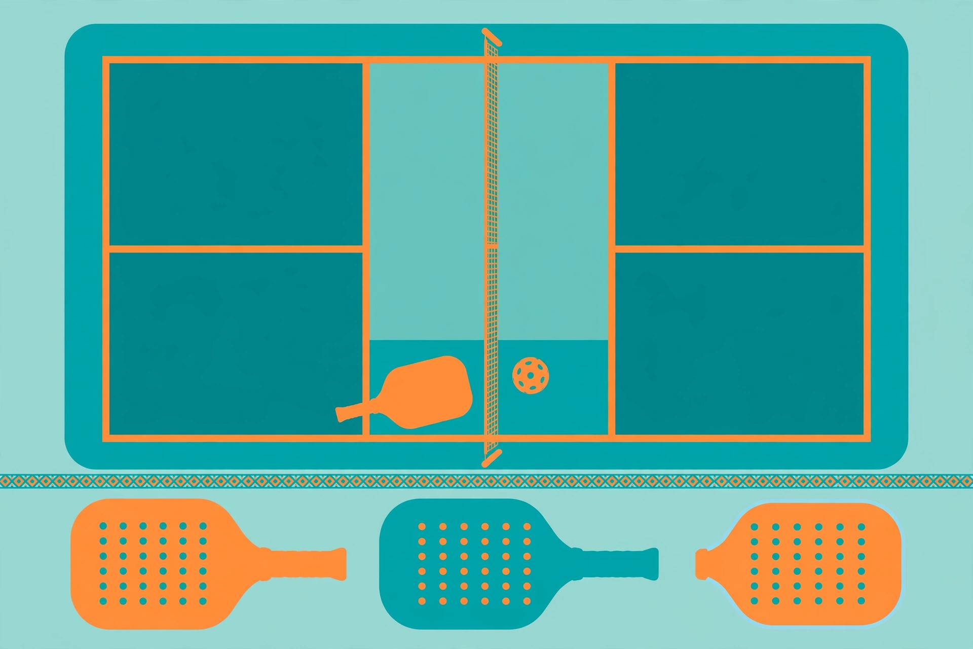Illustration of a pickleball court with paddle shape diagram for beginner paddle buyers