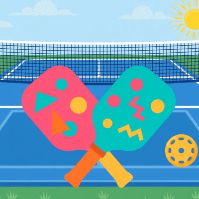 Illustration of colorful pickleball paddles and ball on a blue court for beginners