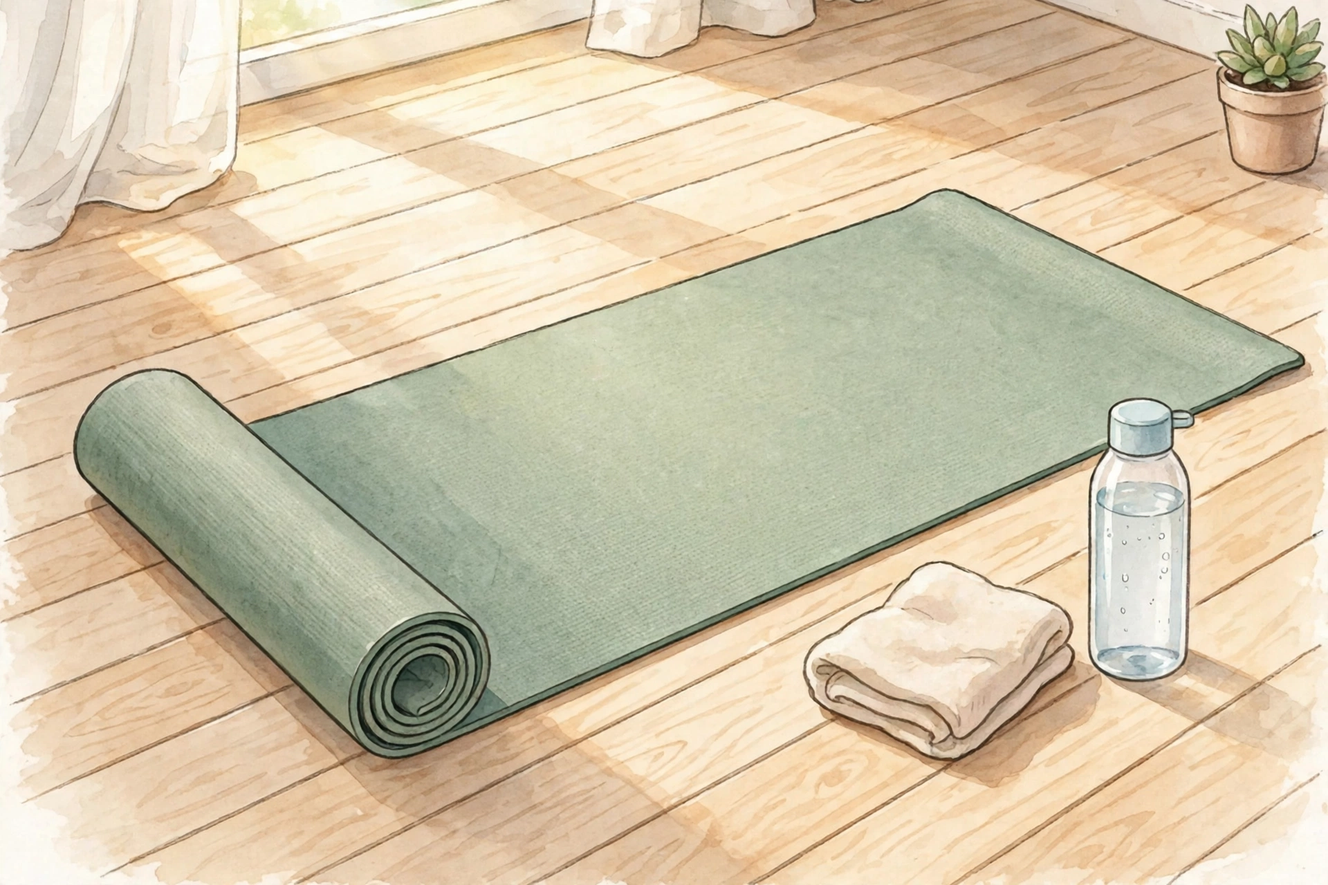 Person doing a quick morning stretch routine at home as a simple self-care habit for busy adults