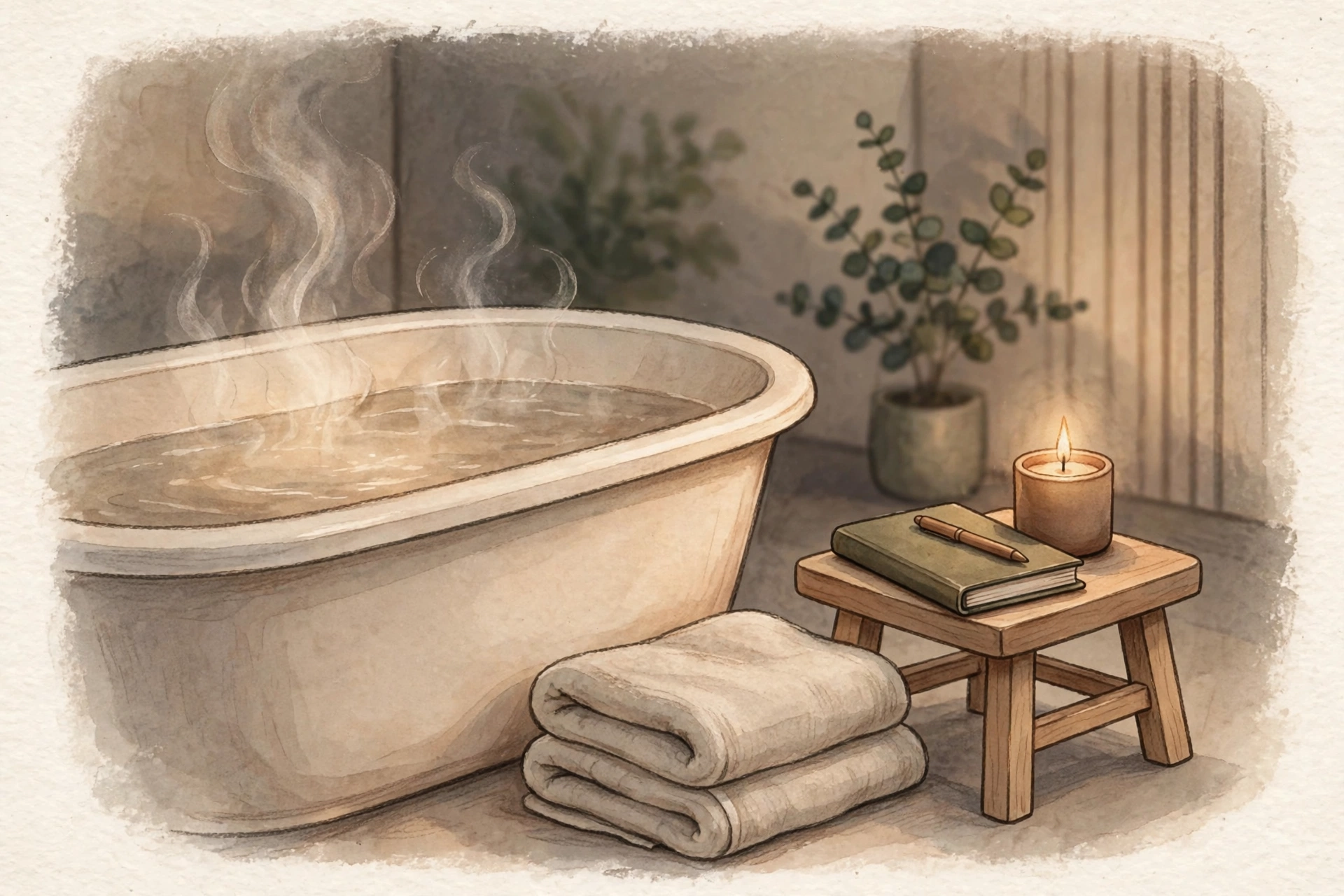 Calm evening wind-down scene with a warm shower, journal, and dim lighting for better sleep