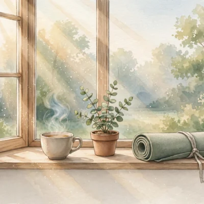 Peaceful morning self-care scene with tea, sunlight, and a yoga mat, no people visible