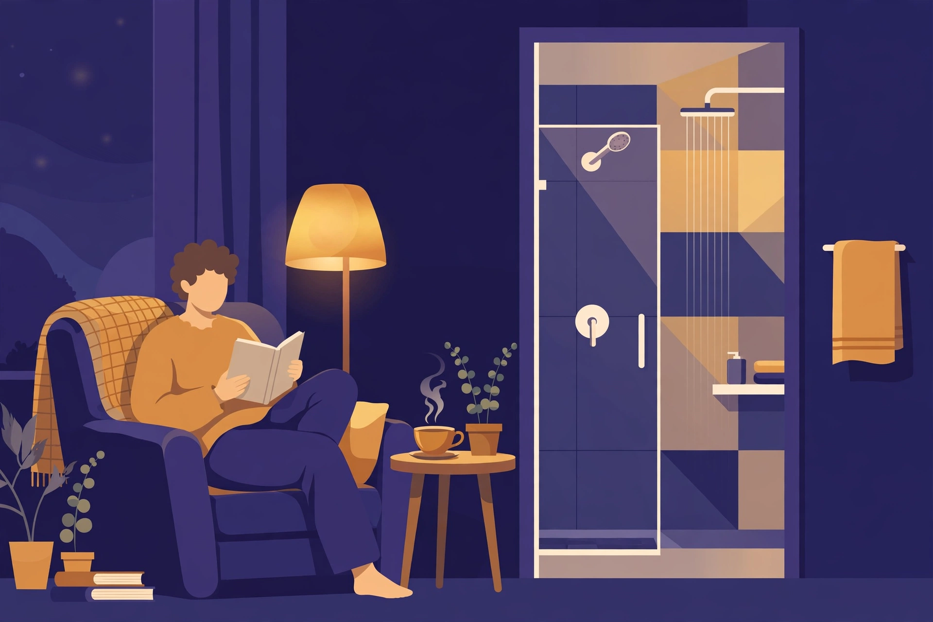 Illustration of a calming bedtime wind-down routine with a book and tea