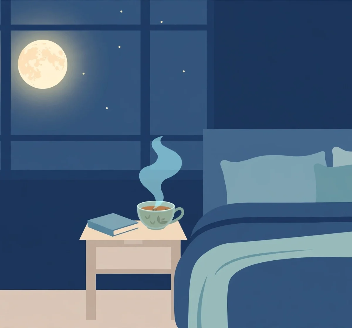 Illustration of healthy sleep hygiene in a calm dark bedroom