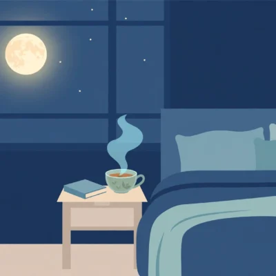 Illustration of healthy sleep hygiene in a calm dark bedroom