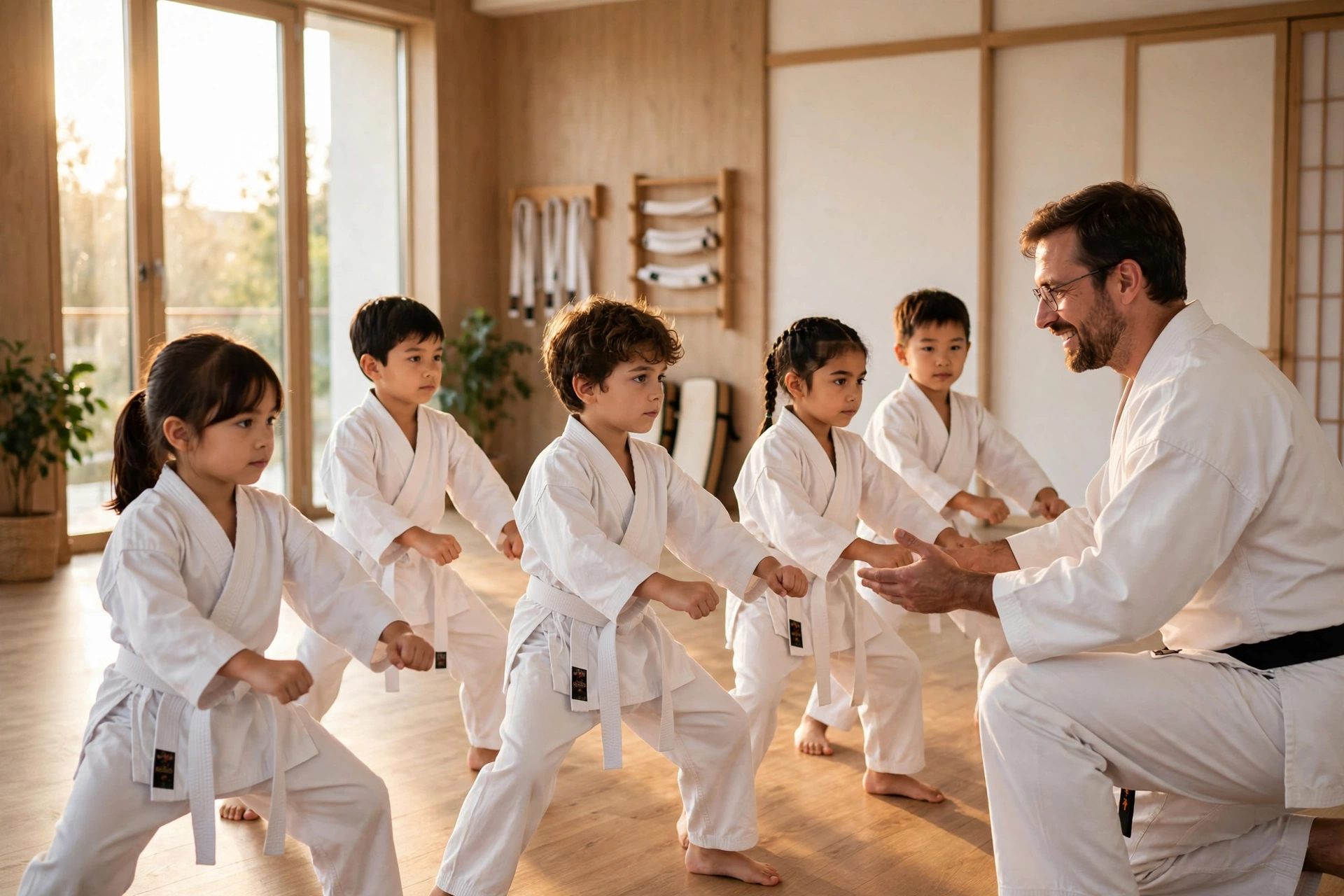 Children practicing martial arts stances in a bright dojo, learning discipline and self-confidence