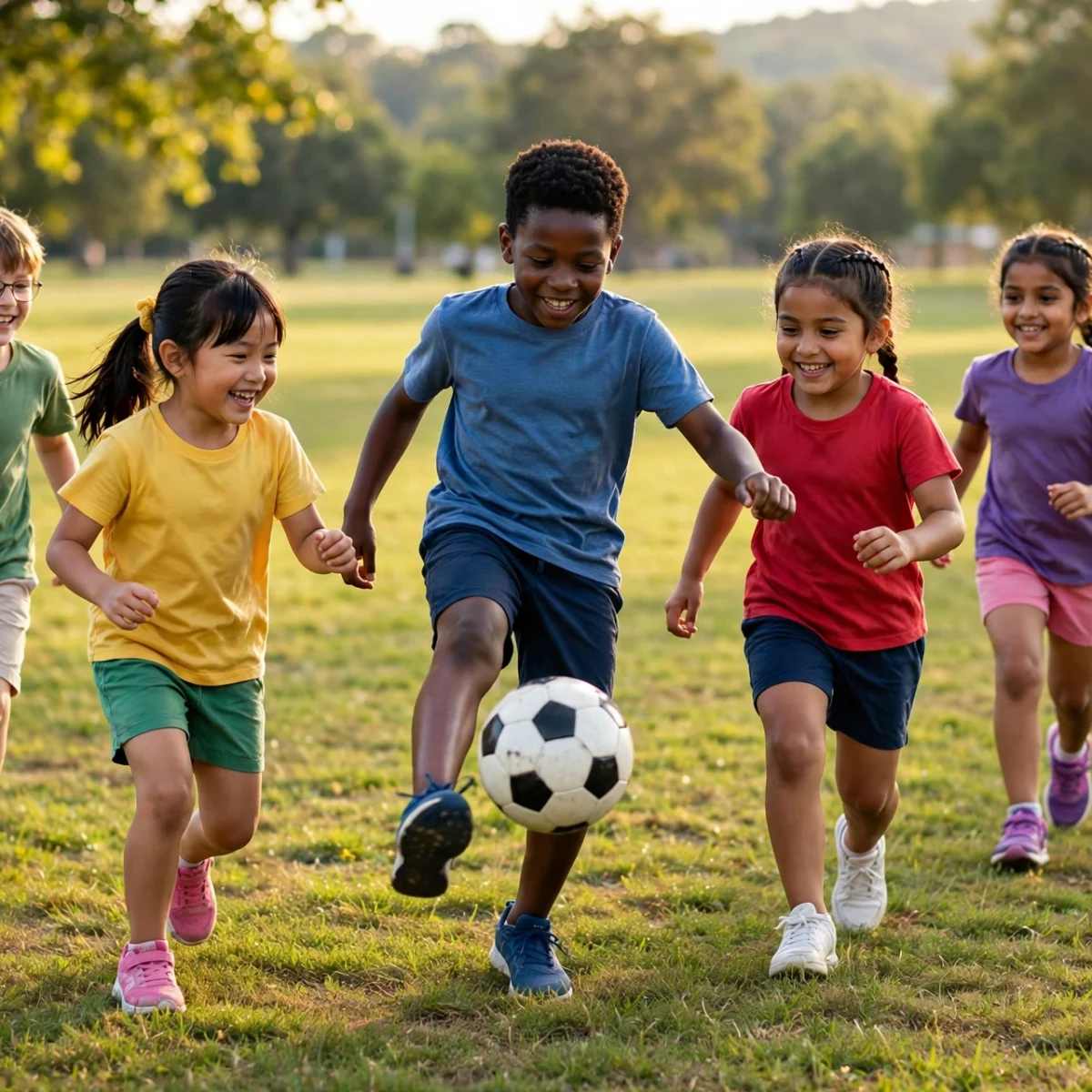 Kids playing soccer together on a sunny field, building confidence through youth team sports