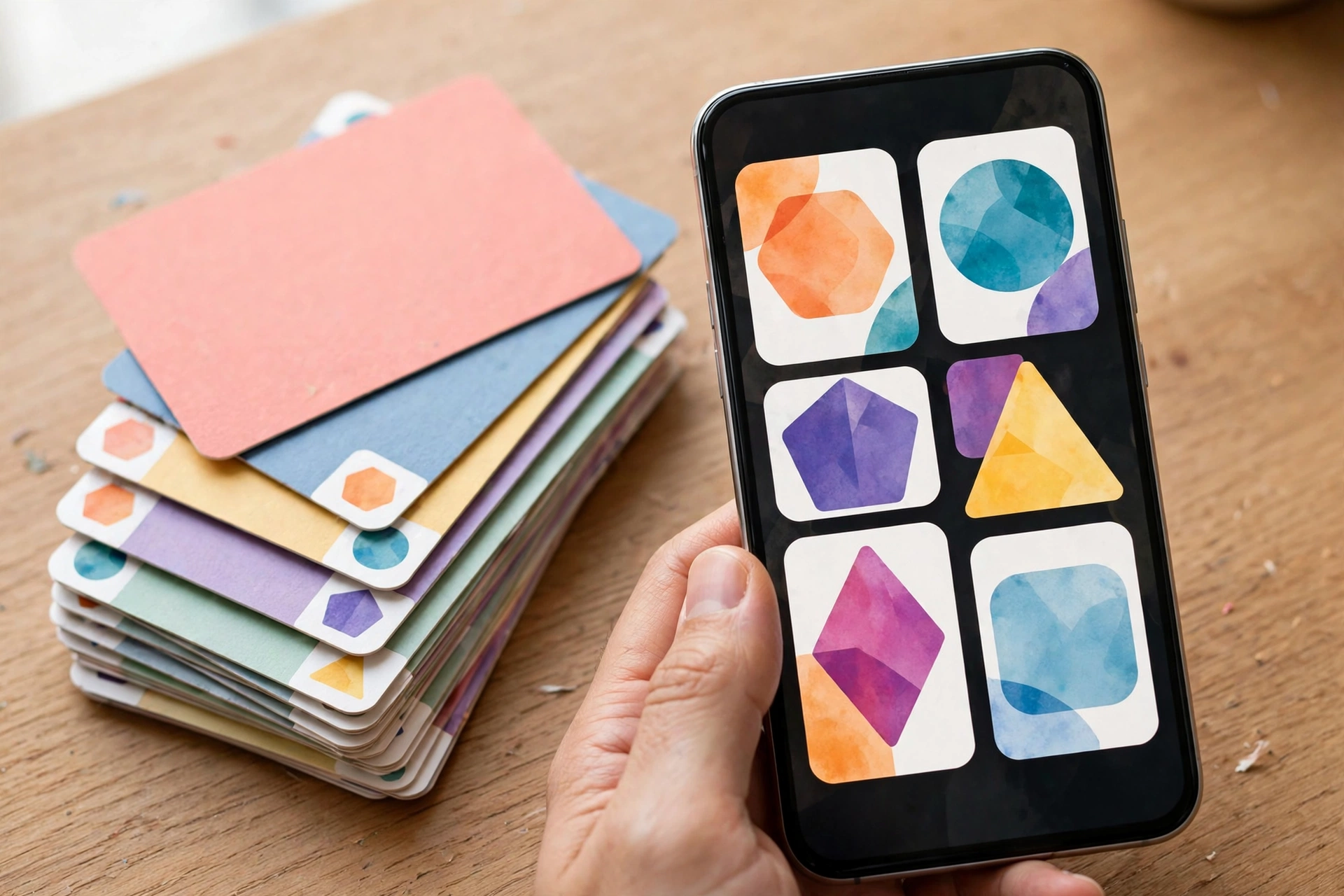 Hand holding smartphone with flashcard study app for spaced repetition learning