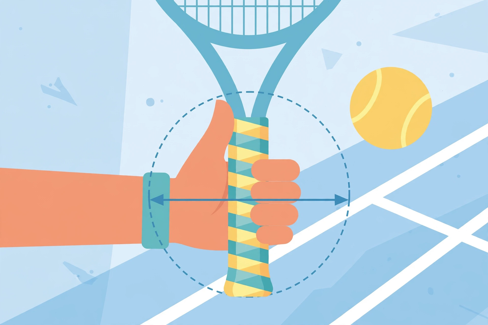 Illustration of a tennis racket handle showing how beginners should choose the right grip size