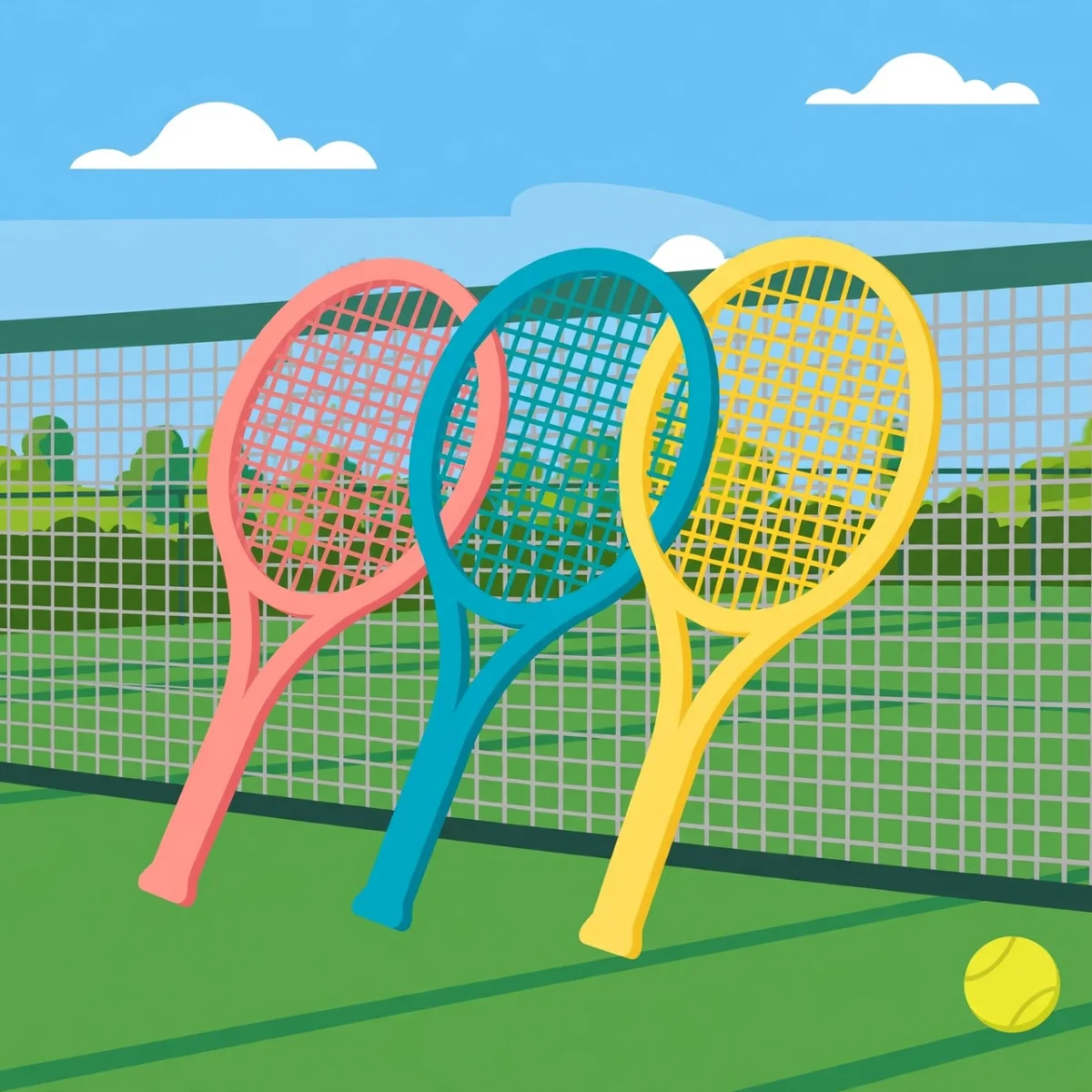 Illustration of beginner tennis rackets leaning against a net on a sunny tennis court