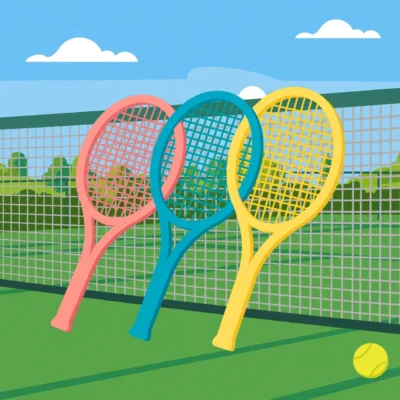 Illustration of beginner tennis rackets leaning against a net on a sunny tennis court