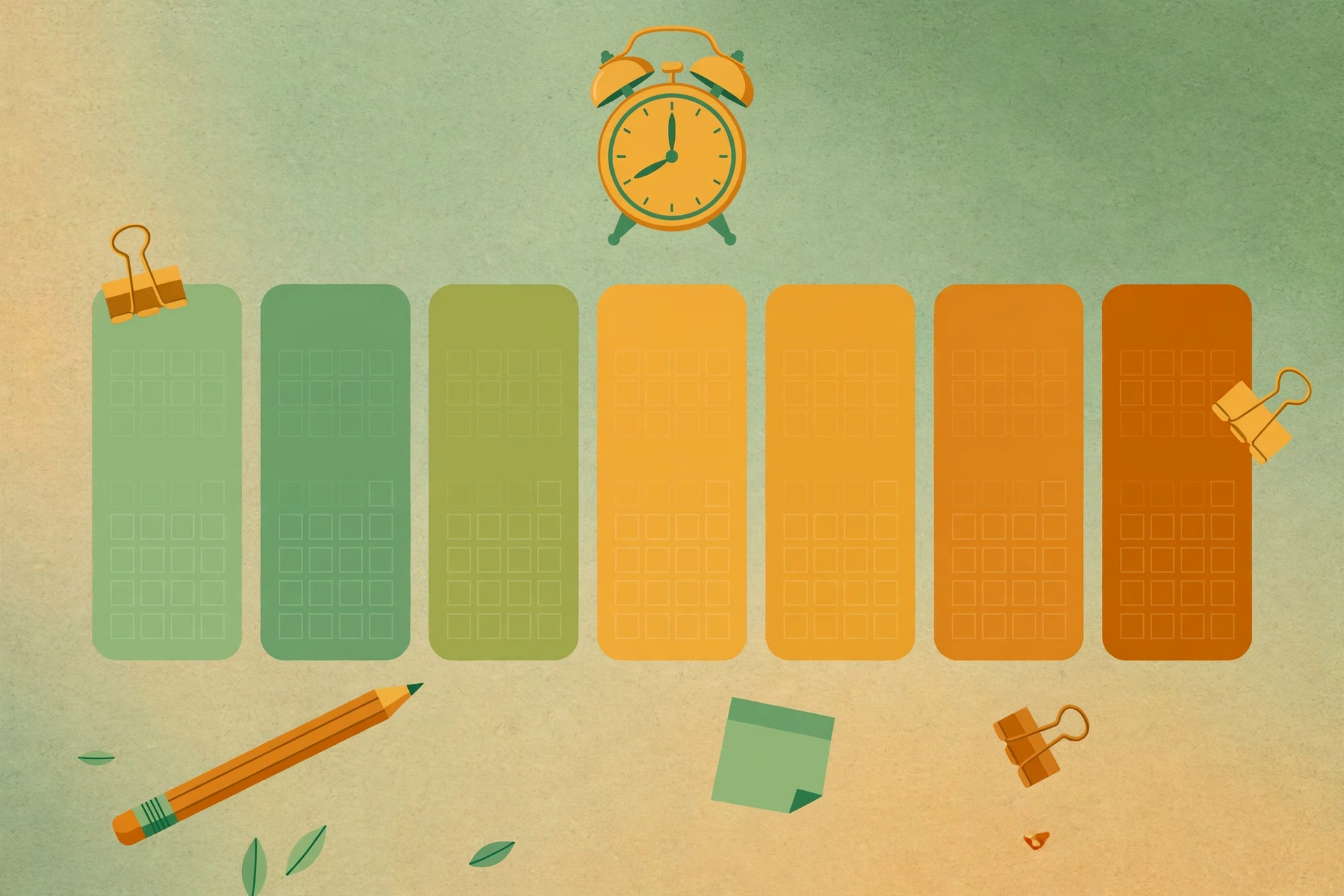 Illustration of a weekly planner grid with seven color-coded day blocks, a pencil and an alarm clock