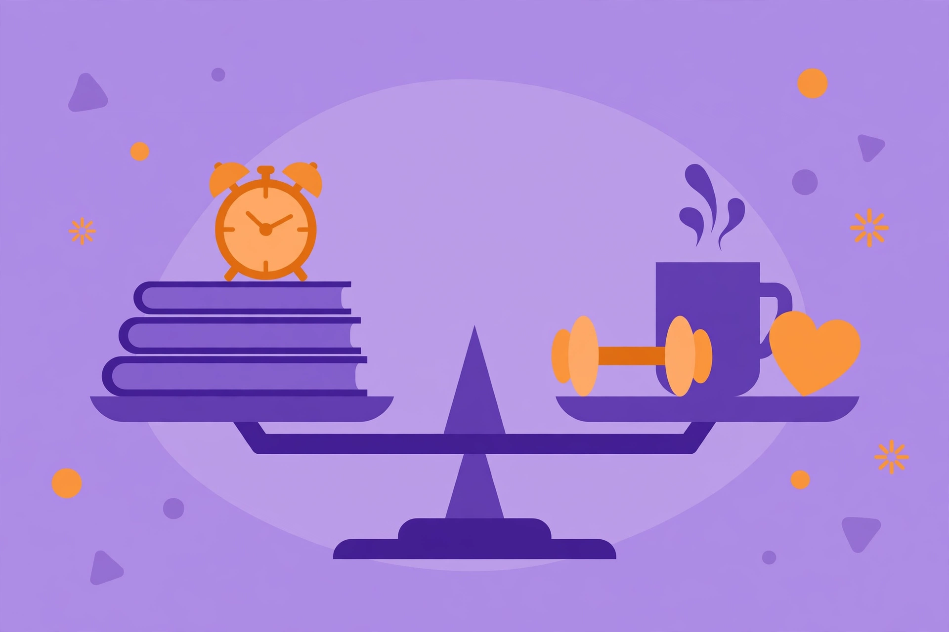 Illustration of a balanced scale with books and an alarm clock on one side and rest symbols on the other