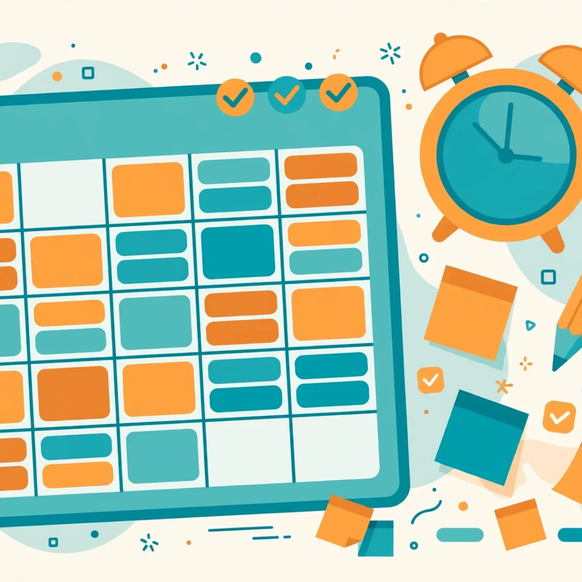 Illustration of a planner calendar with colored schedule blocks, an alarm clock and checkmarks