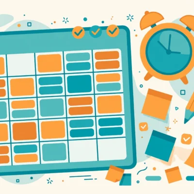 Illustration of a planner calendar with colored schedule blocks, an alarm clock and checkmarks