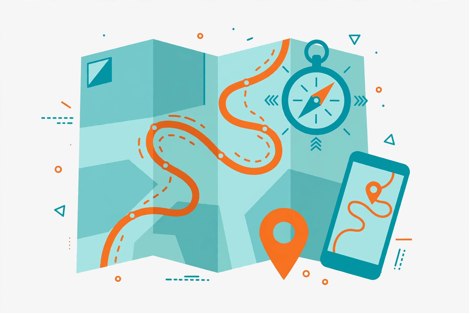 Road map with winding route, compass and location pin beside a phone, trip planning and navigation apps