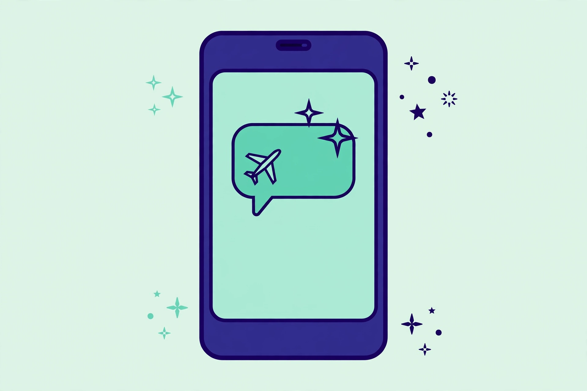 Smartphone with chat bubble sparkles and airplane icon, AI travel planner apps for 2026