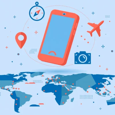 Smartphone with travel app icons orbiting over a world map, best travel apps for 2026
