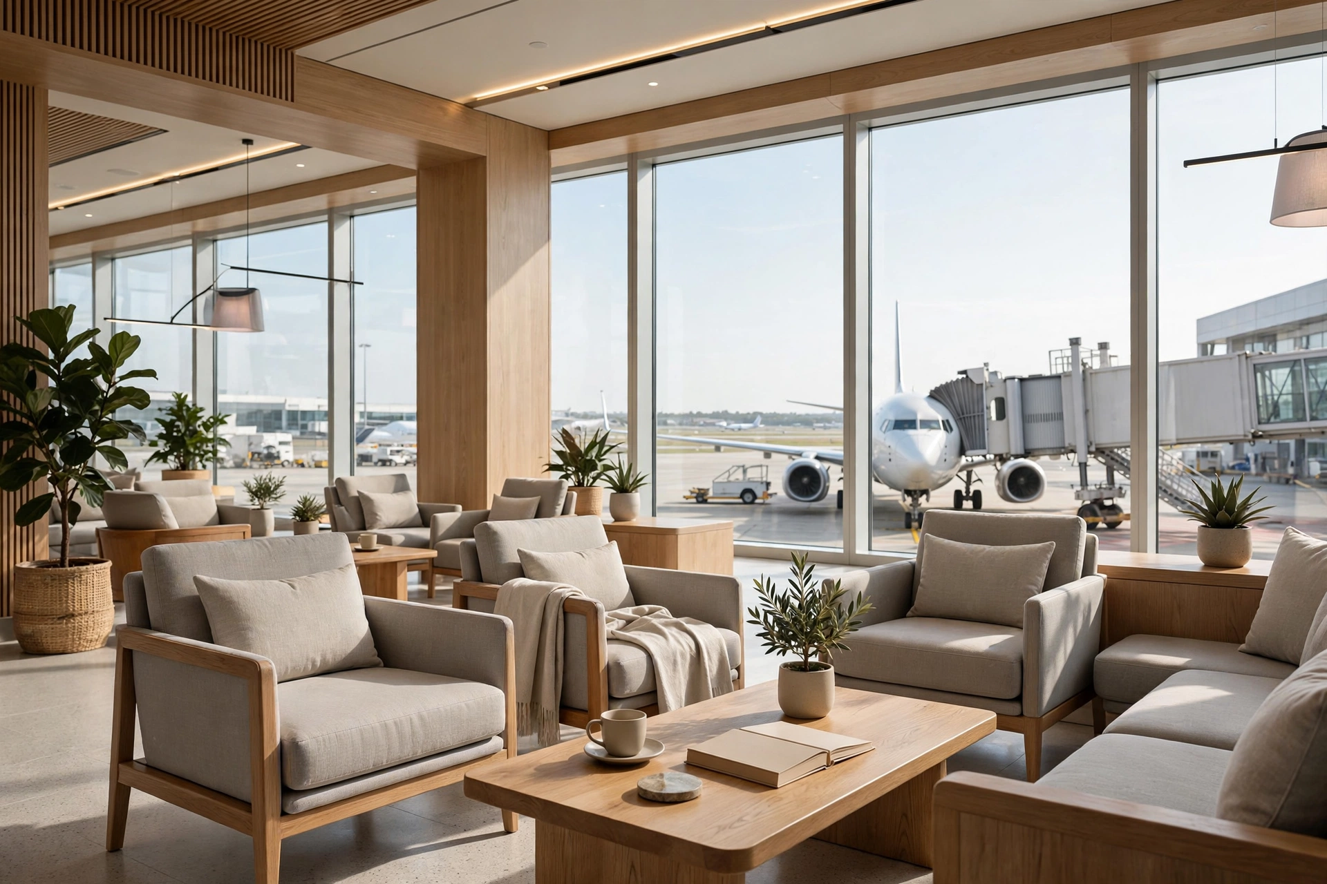 Airport lounge with a plane at the gate, premium travel credit card perks 2026
